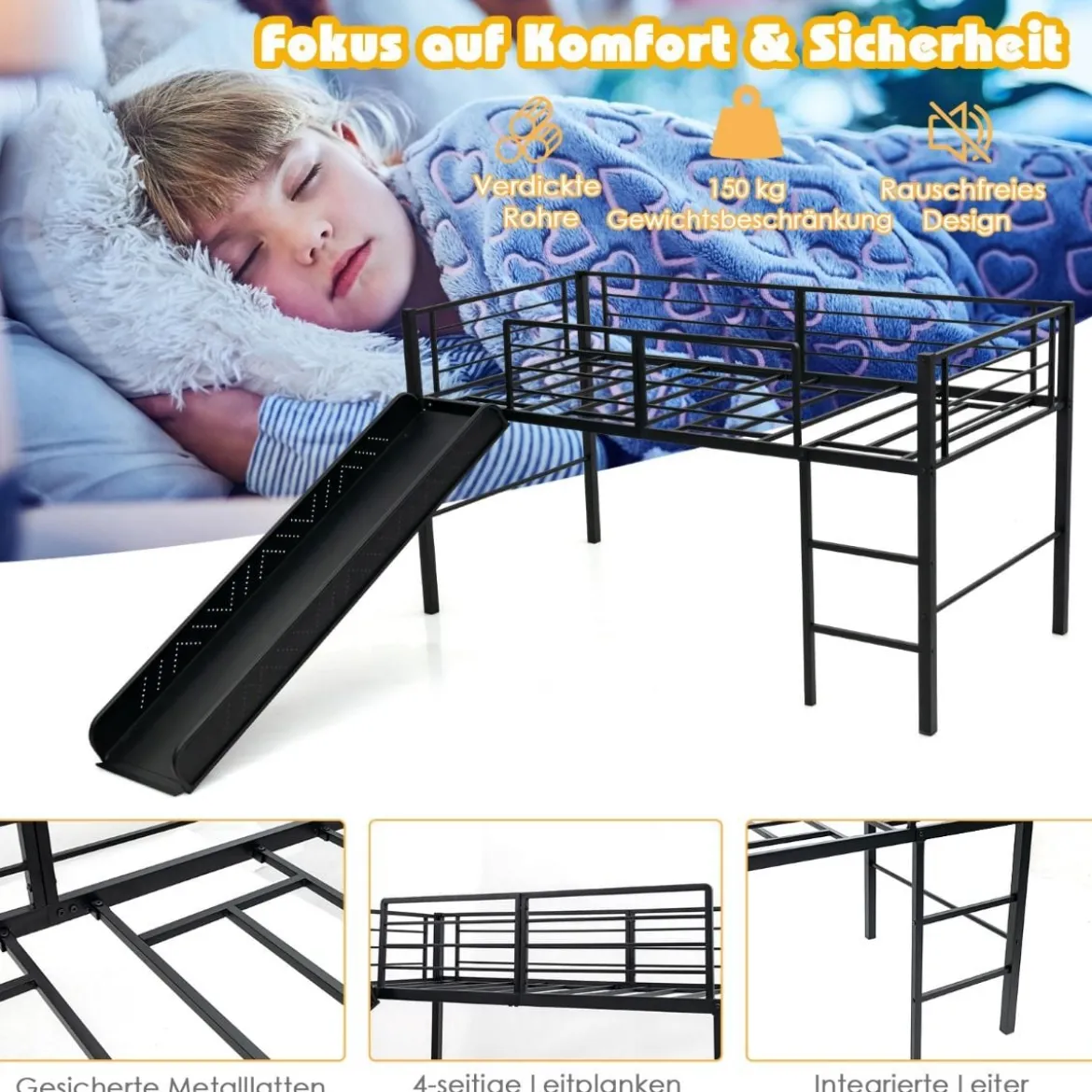 Hochbett Hochbett-Stahlrahmen Kinderbett-Rahmen für Jungs & Mädchen (Matratze nicht enthalten) Schwarz