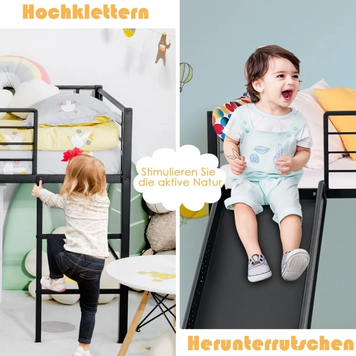 Hochbett Hochbett-Stahlrahmen Kinderbett-Rahmen für Jungs & Mädchen (Matratze nicht enthalten) Schwarz