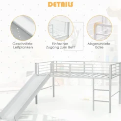 Hochbett Kinderbett-Rahmen mit mit Lattenrost & Rausfallschutz 198 x 96 x 109 cm Weiß