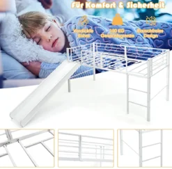Hochbett Kinderbett-Rahmen mit mit Lattenrost & Rausfallschutz 198 x 96 x 109 cm Weiß