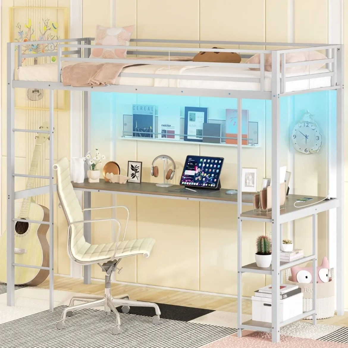 Hochbett mit Schreibtisch & LED-Beleuchtung & Ladestation & Stauraum Etagenbett