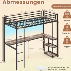 Hochbett mit Schreibtisch & LED-Beleuchtung & Ladestation & Stauraum Etagenbett
