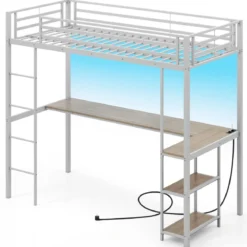 Hochbett mit Schreibtisch & LED-Beleuchtung & Ladestation & Stauraum Etagenbett