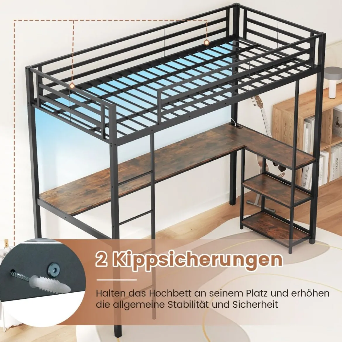Hochbett mit Schreibtisch & LED-Beleuchtung & Ladestation & Stauraum Etagenbett
