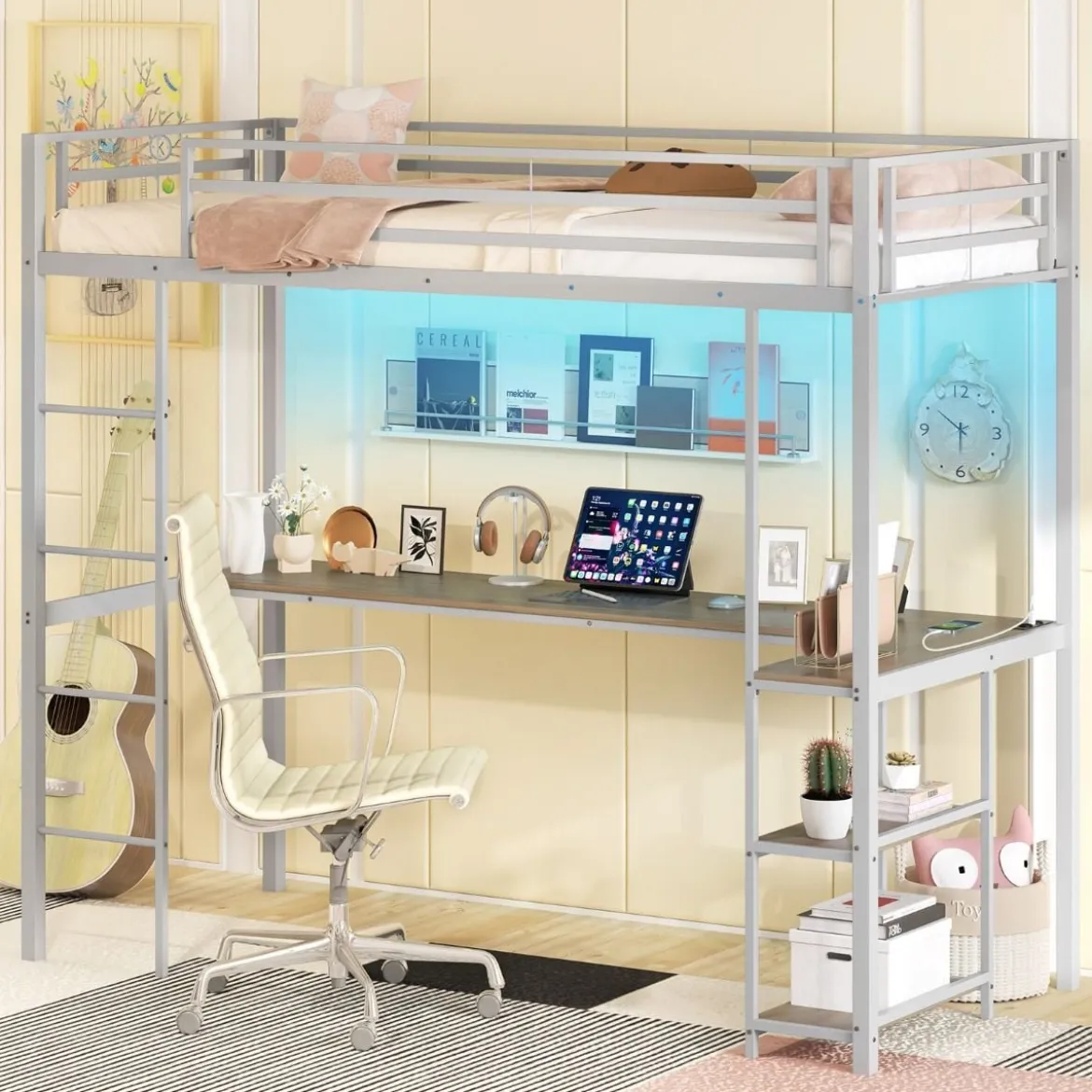 Hochbett mit Schreibtisch & LED-Beleuchtung & Ladestation & Stauraum Etagenbett