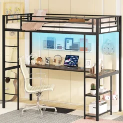 Hochbett mit Schreibtisch & LED-Beleuchtung & Ladestation & Stauraum Etagenbett