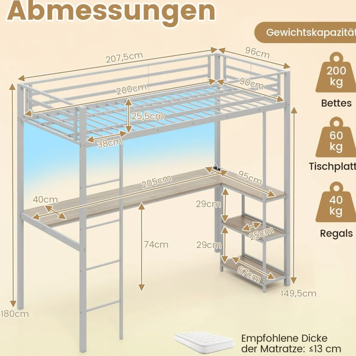 Hochbett mit Schreibtisch & LED-Beleuchtung & Ladestation & Stauraum Etagenbett