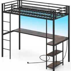 Hochbett mit Schreibtisch & LED-Beleuchtung & Ladestation & Stauraum Etagenbett