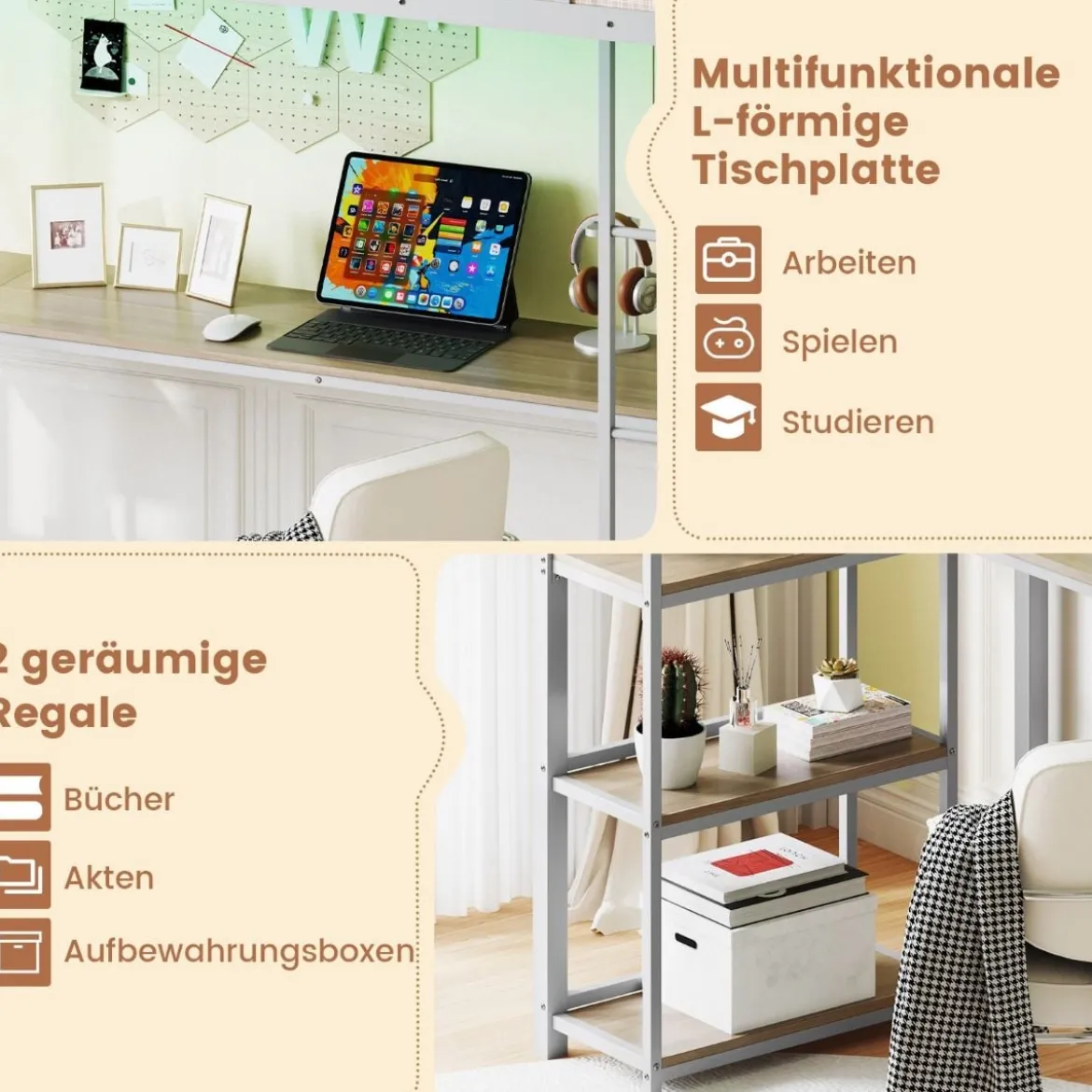 Hochbett mit Schreibtisch & LED-Beleuchtung & Ladestation & Stauraum Etagenbett