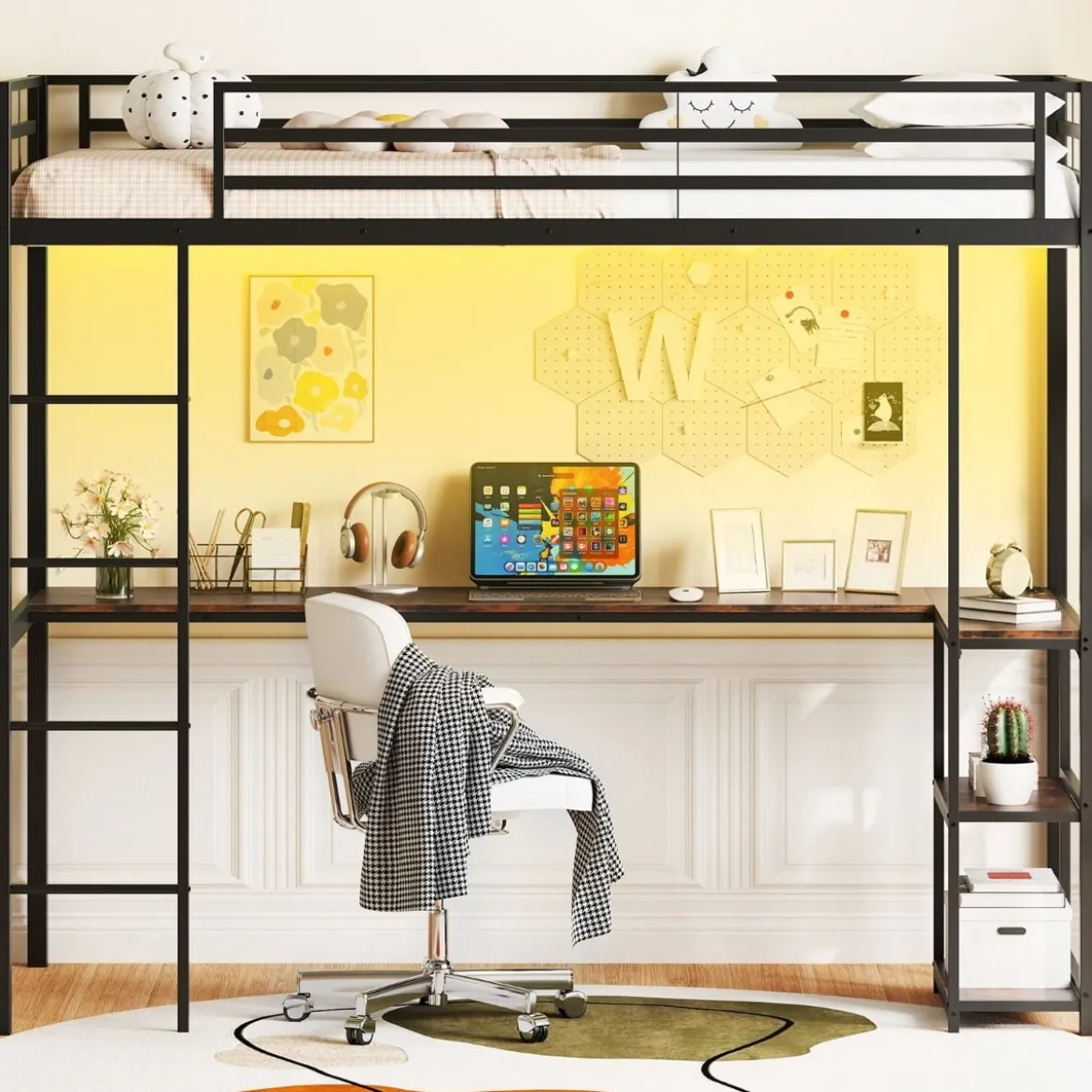 Hochbett mit Schreibtisch & LED-Beleuchtung & Ladestation & Stauraum Etagenbett