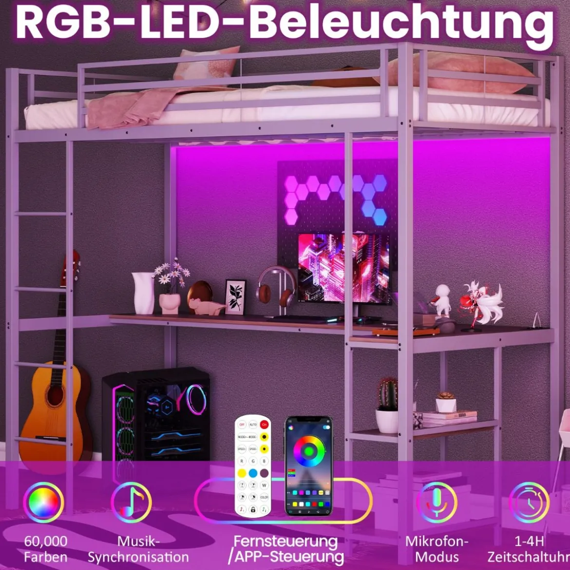 Hochbett mit Schreibtisch & LED-Beleuchtung & Ladestation & Stauraum Etagenbett