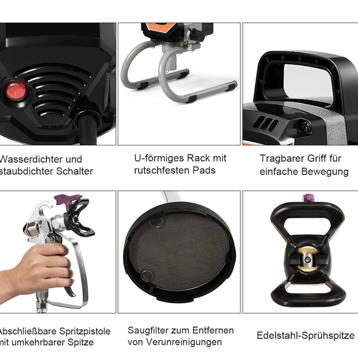 Hochdruck Sprühgerät 1100 W Farbsprühgerät Airless Farbsprühsystem Schwarz