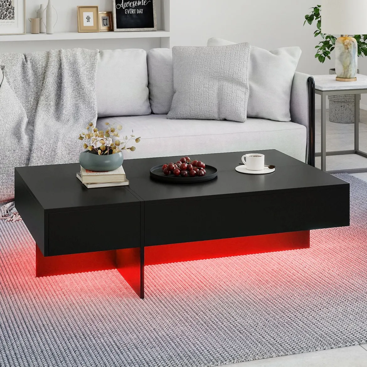 Hochglanz Couchtisch mit 16-Farbiger LED Beleuchtung & 3 Schubladen Rechteckiger Kaffeetisch Schwarz