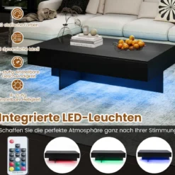 Hochglanz Couchtisch mit 16-Farbiger LED Beleuchtung & 3 Schubladen Rechteckiger Kaffeetisch Schwarz