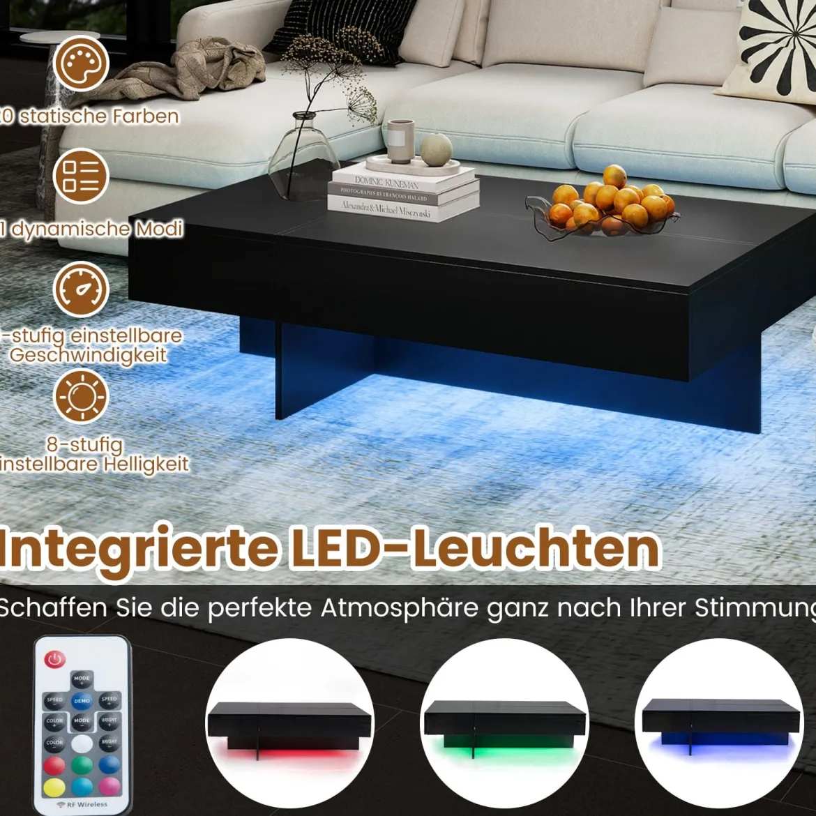 Hochglanz Couchtisch mit 16-Farbiger LED Beleuchtung & 3 Schubladen Rechteckiger Kaffeetisch Schwarz