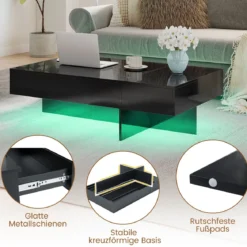 Hochglanz Couchtisch mit 16-Farbiger LED Beleuchtung & 3 Schubladen Rechteckiger Kaffeetisch Schwarz
