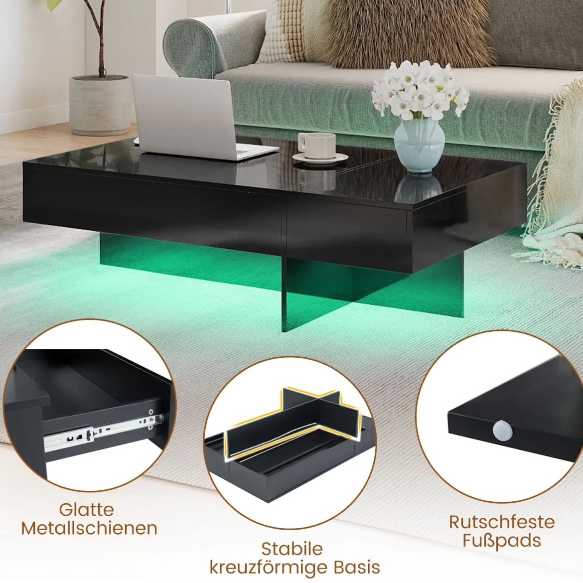 Hochglanz Couchtisch mit 16-Farbiger LED Beleuchtung & 3 Schubladen Rechteckiger Kaffeetisch Schwarz