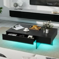 Hochglanz Couchtisch mit 16-Farbiger LED Beleuchtung & 3 Schubladen Rechteckiger Kaffeetisch Schwarz