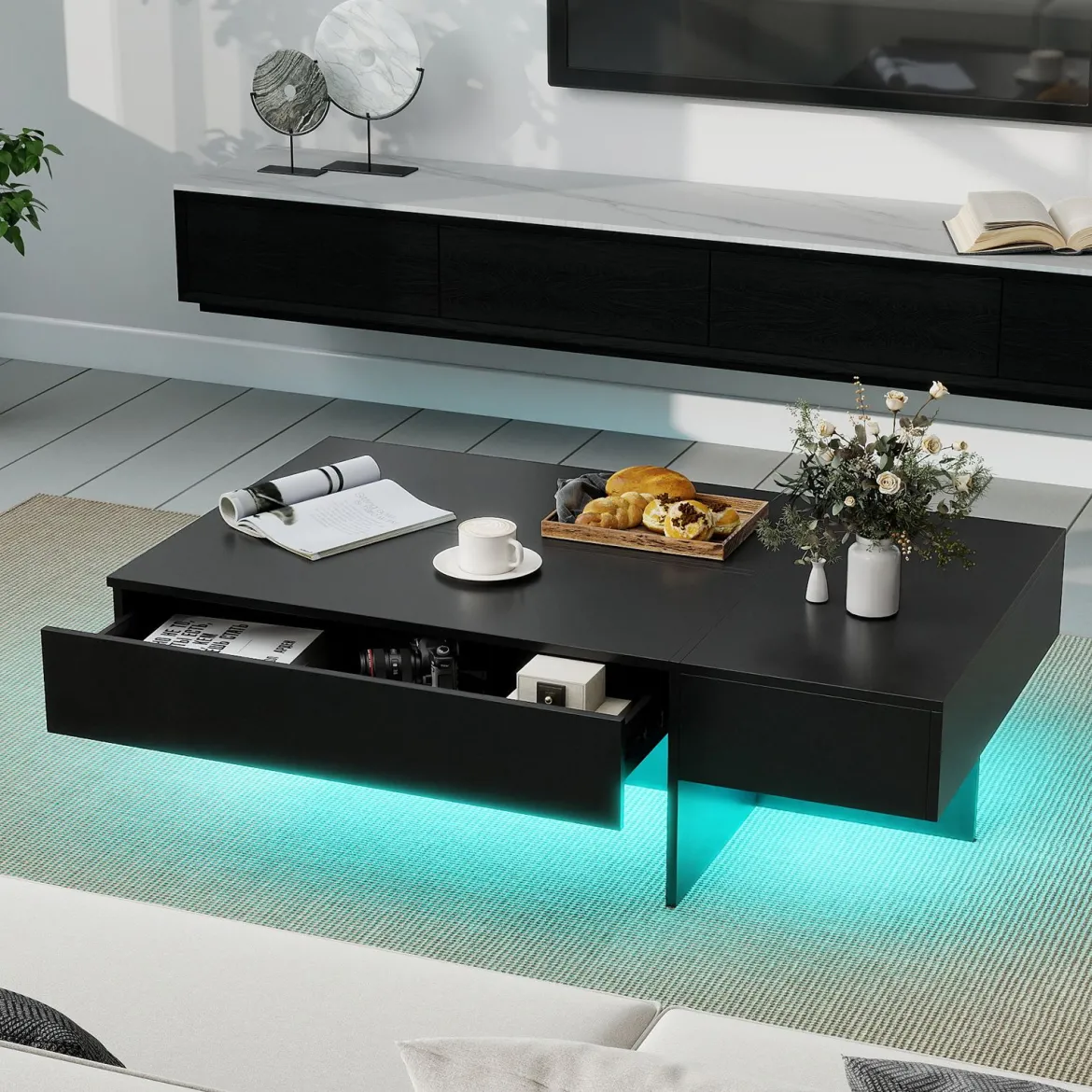Hochglanz Couchtisch mit 16-Farbiger LED Beleuchtung & 3 Schubladen Rechteckiger Kaffeetisch Schwarz