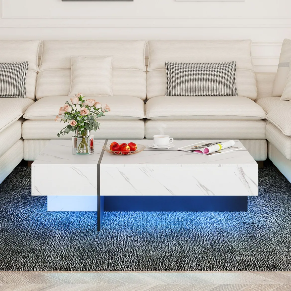 Hochglanz Couchtisch mit 16-Farbiger LED Beleuchtung & 3 Schubladen Rechteckiger Kaffeetisch Weiß