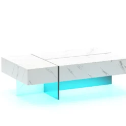 Hochglanz Couchtisch mit 16-Farbiger LED Beleuchtung & 3 Schubladen Rechteckiger Kaffeetisch Weiß