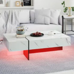 Hochglanz Couchtisch mit 16-Farbiger LED Beleuchtung & 3 Schubladen Rechteckiger Kaffeetisch Weiß