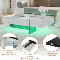 Hochglanz Couchtisch mit 16-Farbiger LED Beleuchtung & 3 Schubladen Rechteckiger Kaffeetisch Weiß