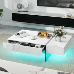 Hochglanz Couchtisch mit 16-Farbiger LED Beleuchtung & 3 Schubladen Rechteckiger Kaffeetisch Weiß