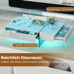 Hochglanz Couchtisch mit 16-Farbiger LED Beleuchtung & 3 Schubladen Rechteckiger Kaffeetisch Weiß