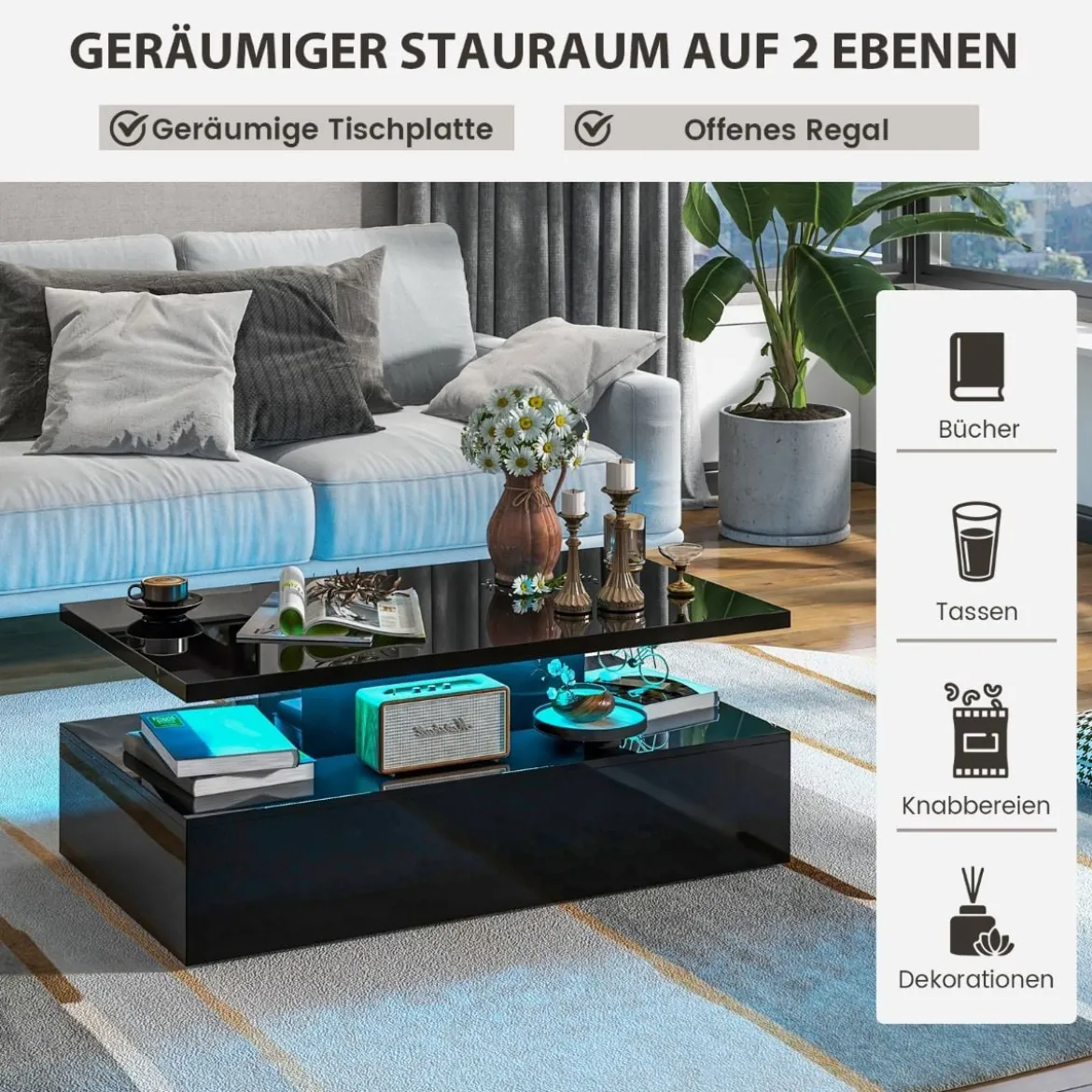 Hochglanz LED-Couchtisch mit Einstellbaren Lichtfarben & Helligkeit Wohnzimmertisch