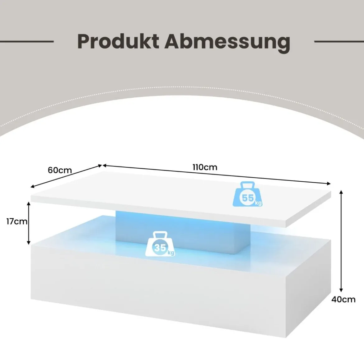 Hochglanz LED-Couchtisch mit Einstellbaren Lichtfarben & Helligkeit Wohnzimmertisch
