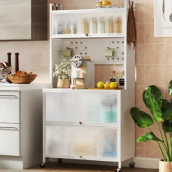 Hoch Küchenschrank mit Rollen & Klapptüren & Stecktafel & Haken Buffetschrank Weiß