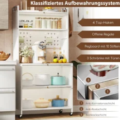 Hoch Küchenschrank mit Rollen & Klapptüren & Stecktafel & Haken Buffetschrank Weiß