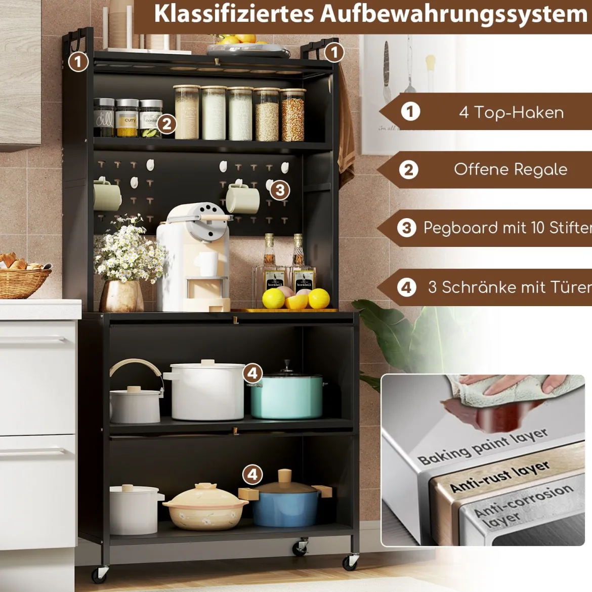 Hoch Küchenschrank mit Rollen & Klapptüren & Stecktafel & Haken Buffetschrank Schwarz