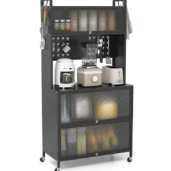 Hoch Küchenschrank mit Rollen & Klapptüren & Stecktafel & Haken Buffetschrank Schwarz