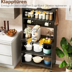 Hoch Küchenschrank mit Rollen & Klapptüren & Stecktafel & Haken Buffetschrank Schwarz