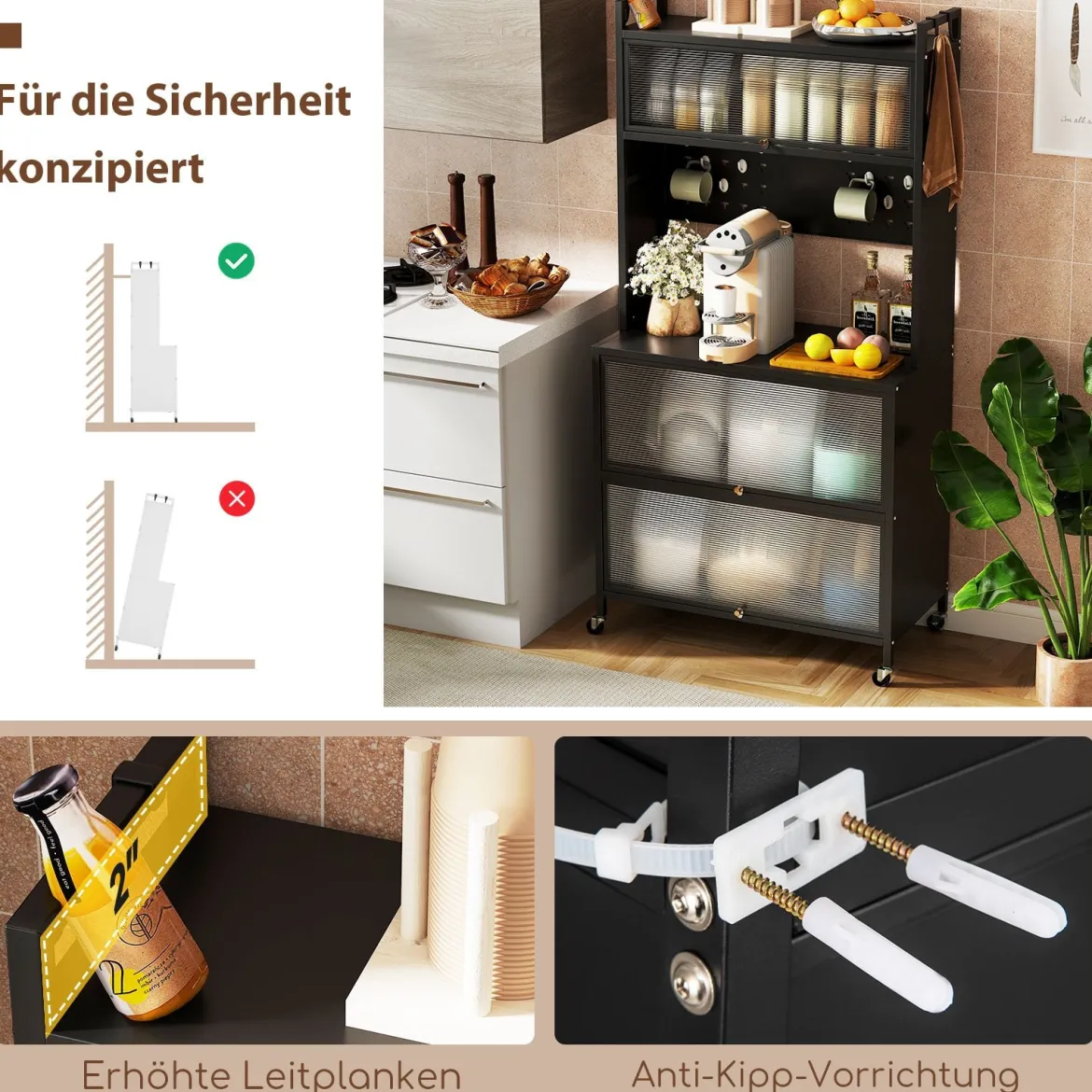 Hoch Küchenschrank mit Rollen & Klapptüren & Stecktafel & Haken Buffetschrank Schwarz