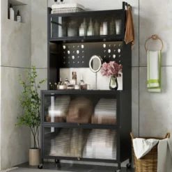 Hoch Küchenschrank mit Rollen & Klapptüren & Stecktafel & Haken Buffetschrank Schwarz