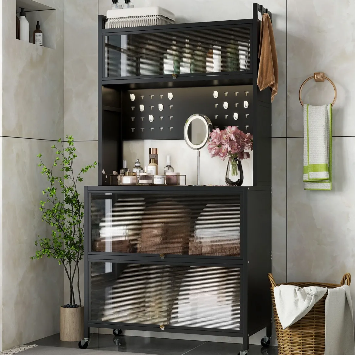 Hoch Küchenschrank mit Rollen & Klapptüren & Stecktafel & Haken Buffetschrank Schwarz