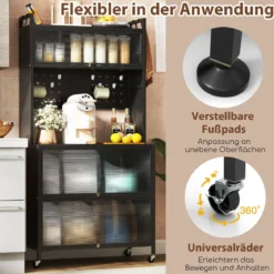 Hoch Küchenschrank mit Rollen & Klapptüren & Stecktafel & Haken Buffetschrank Schwarz