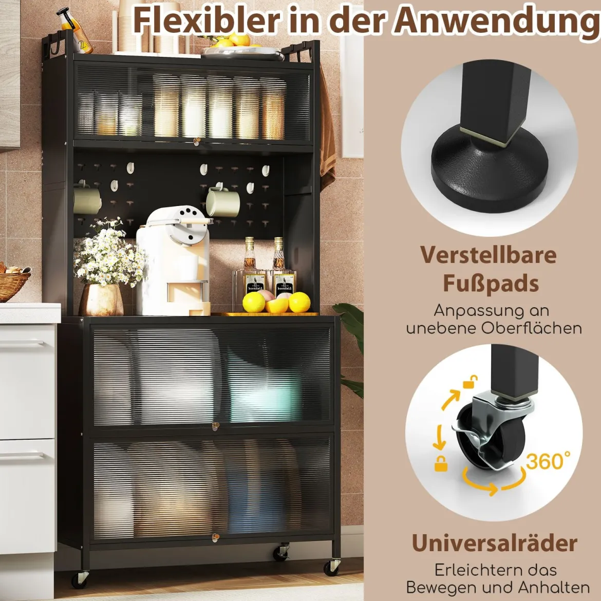 Hoch Küchenschrank mit Rollen & Klapptüren & Stecktafel & Haken Buffetschrank Schwarz