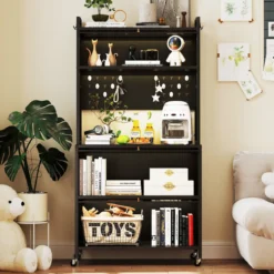 Hoch Küchenschrank mit Rollen & Klapptüren & Stecktafel & Haken Buffetschrank Schwarz