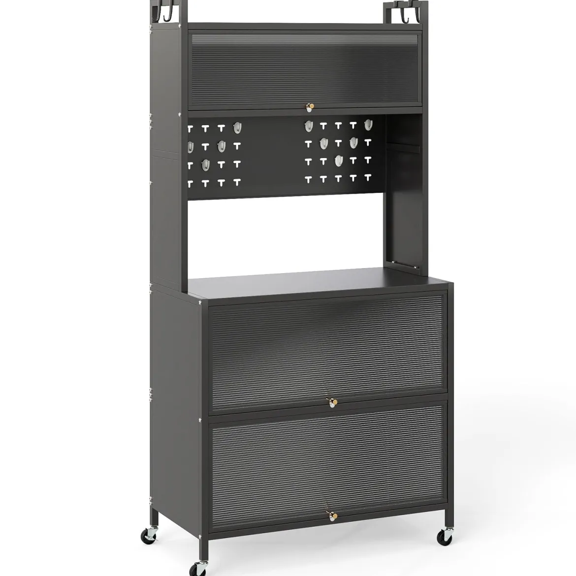 Hoch Küchenschrank mit Rollen & Klapptüren & Stecktafel & Haken Buffetschrank Grau