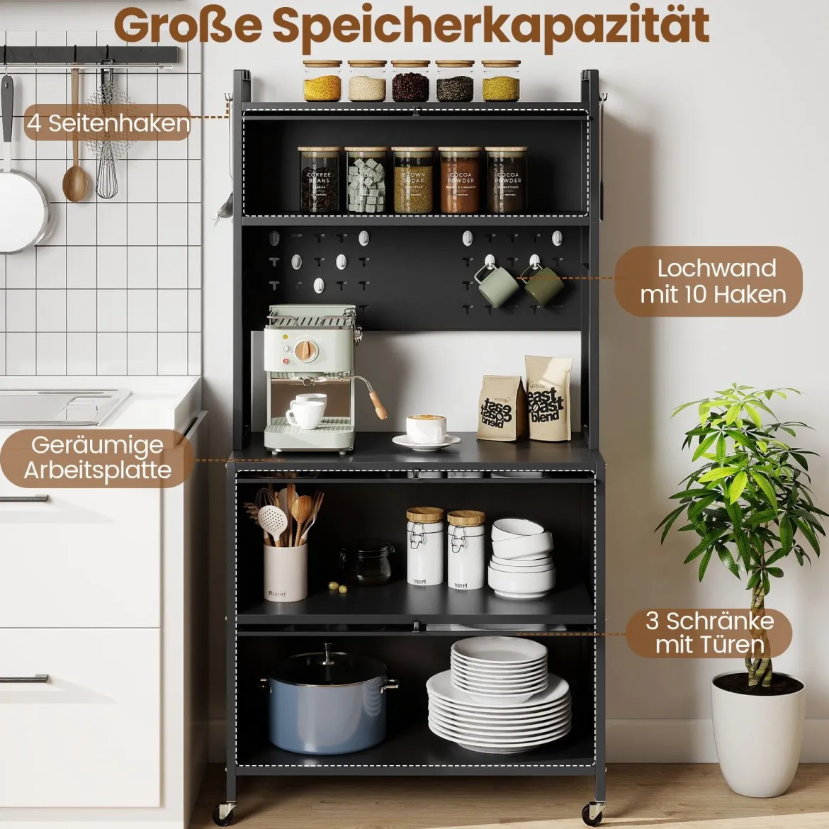 Hoch Küchenschrank mit Rollen & Klapptüren & Stecktafel & Haken Buffetschrank Grau