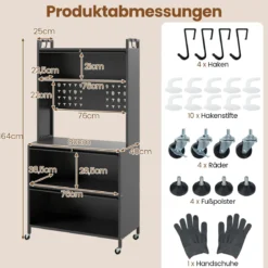 Hoch Küchenschrank mit Rollen & Klapptüren & Stecktafel & Haken Buffetschrank Grau