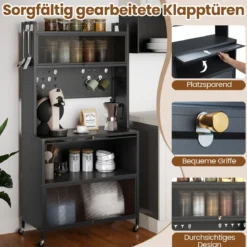 Hoch Küchenschrank mit Rollen & Klapptüren & Stecktafel & Haken Buffetschrank Grau
