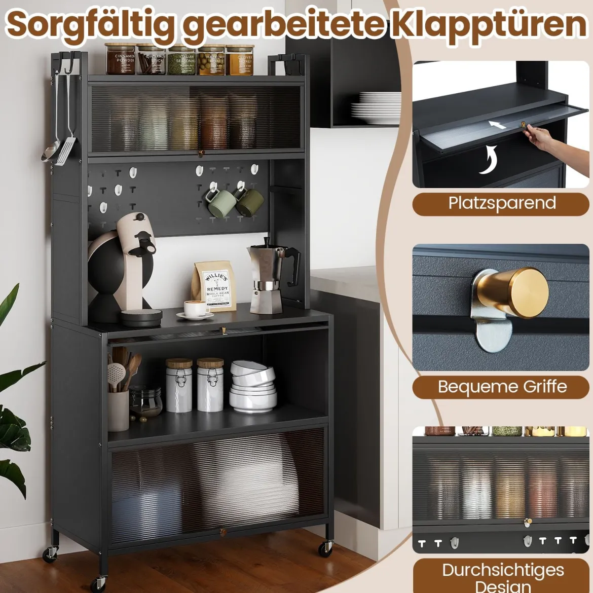 Hoch Küchenschrank mit Rollen & Klapptüren & Stecktafel & Haken Buffetschrank Grau