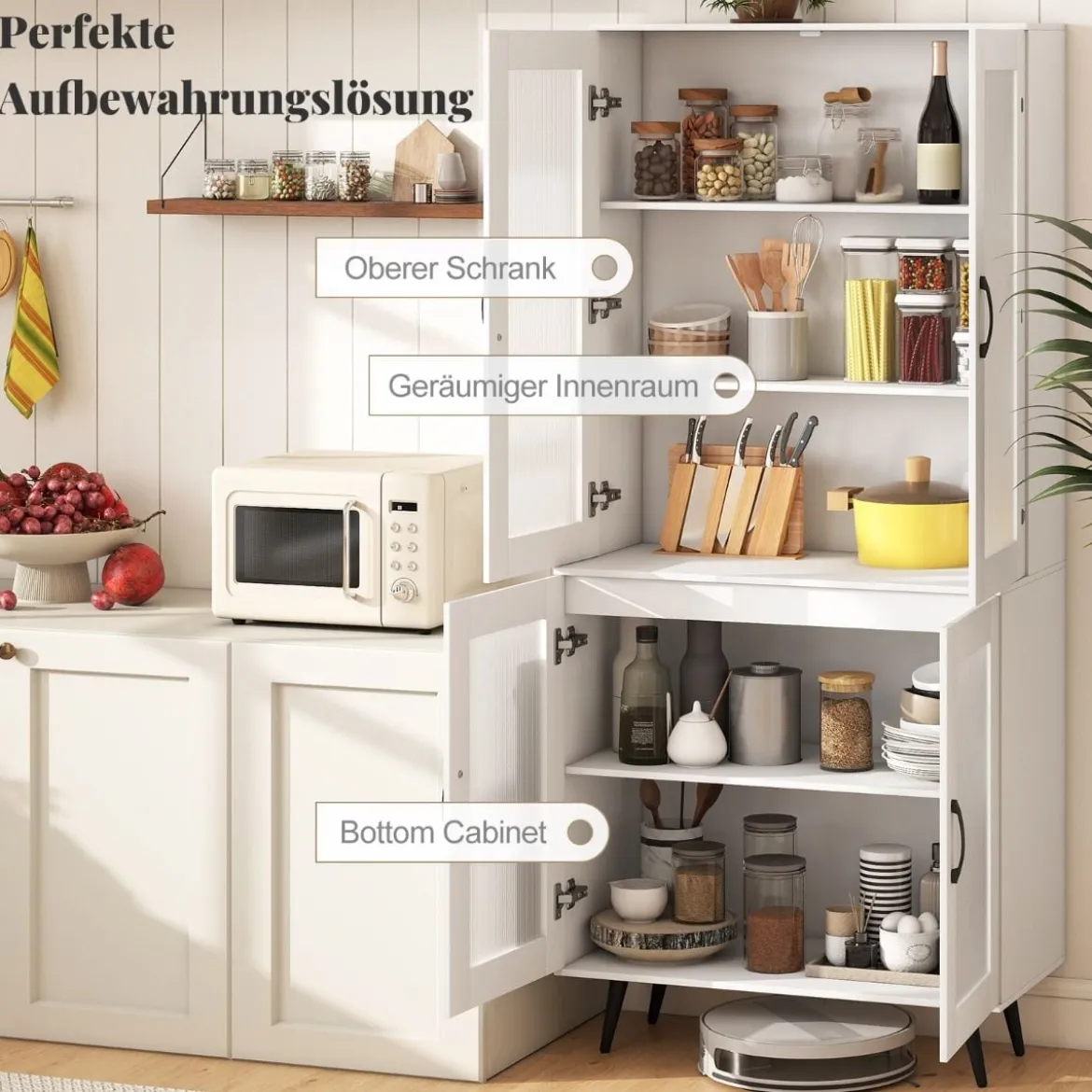 Hoch Küchenschrank mit 4 Transparenten Türen & Verstellbares Regal Küchenregal Buffetschrank Weiß