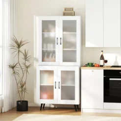 Hoch Küchenschrank mit 4 Transparenten Türen & Verstellbares Regal Küchenregal Buffetschrank Weiß