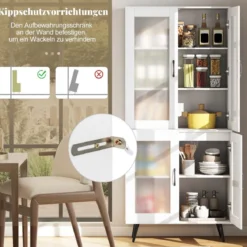 Hoch Küchenschrank mit 4 Transparenten Türen & Verstellbares Regal Küchenregal Buffetschrank Weiß